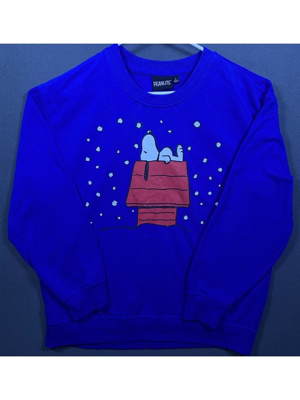 Peanuts Snoopy Doghouse Snow Flakes Blue Sweatshirt Size Large Christmas Holiday